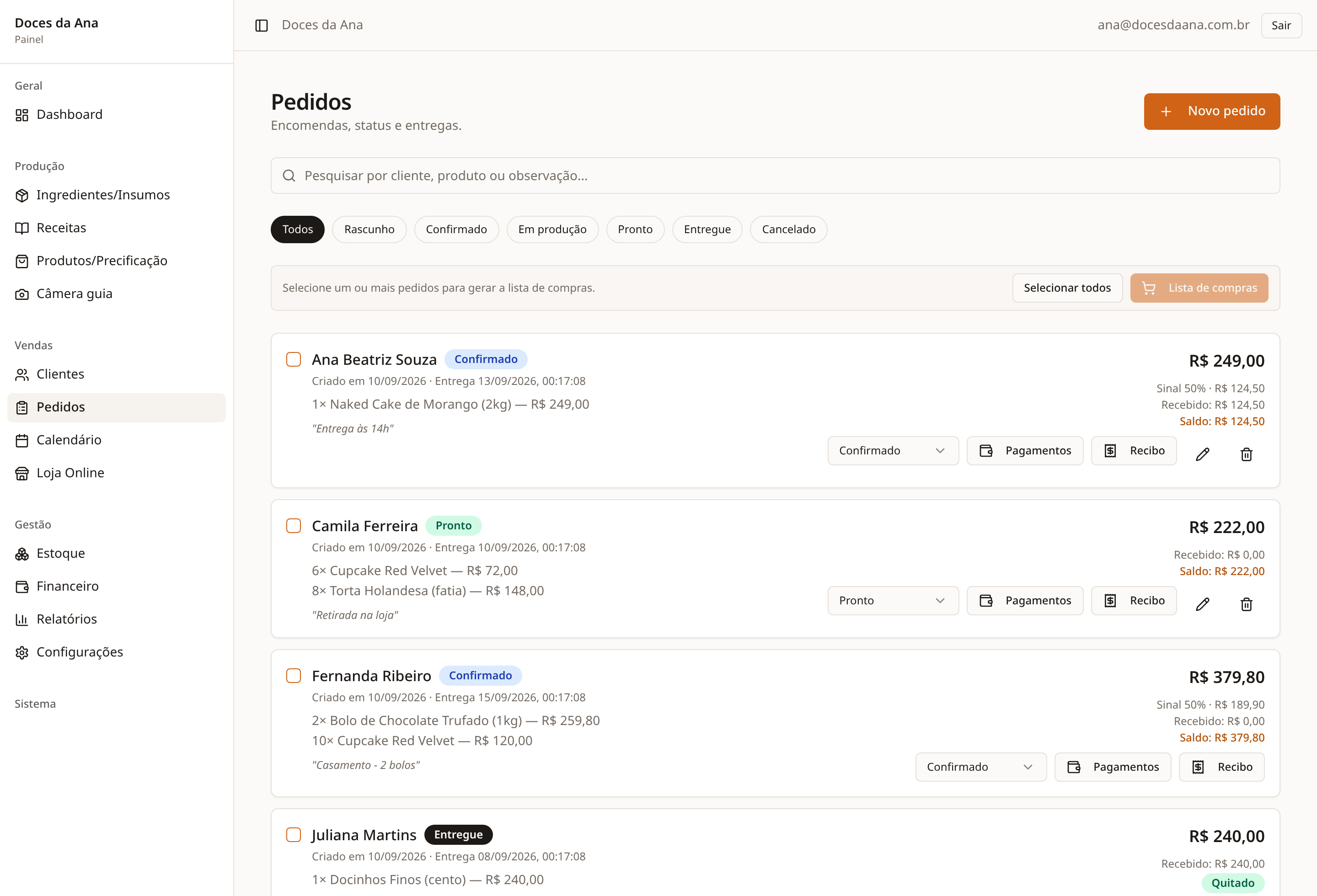 Lista de pedidos do ConfeitariaApp