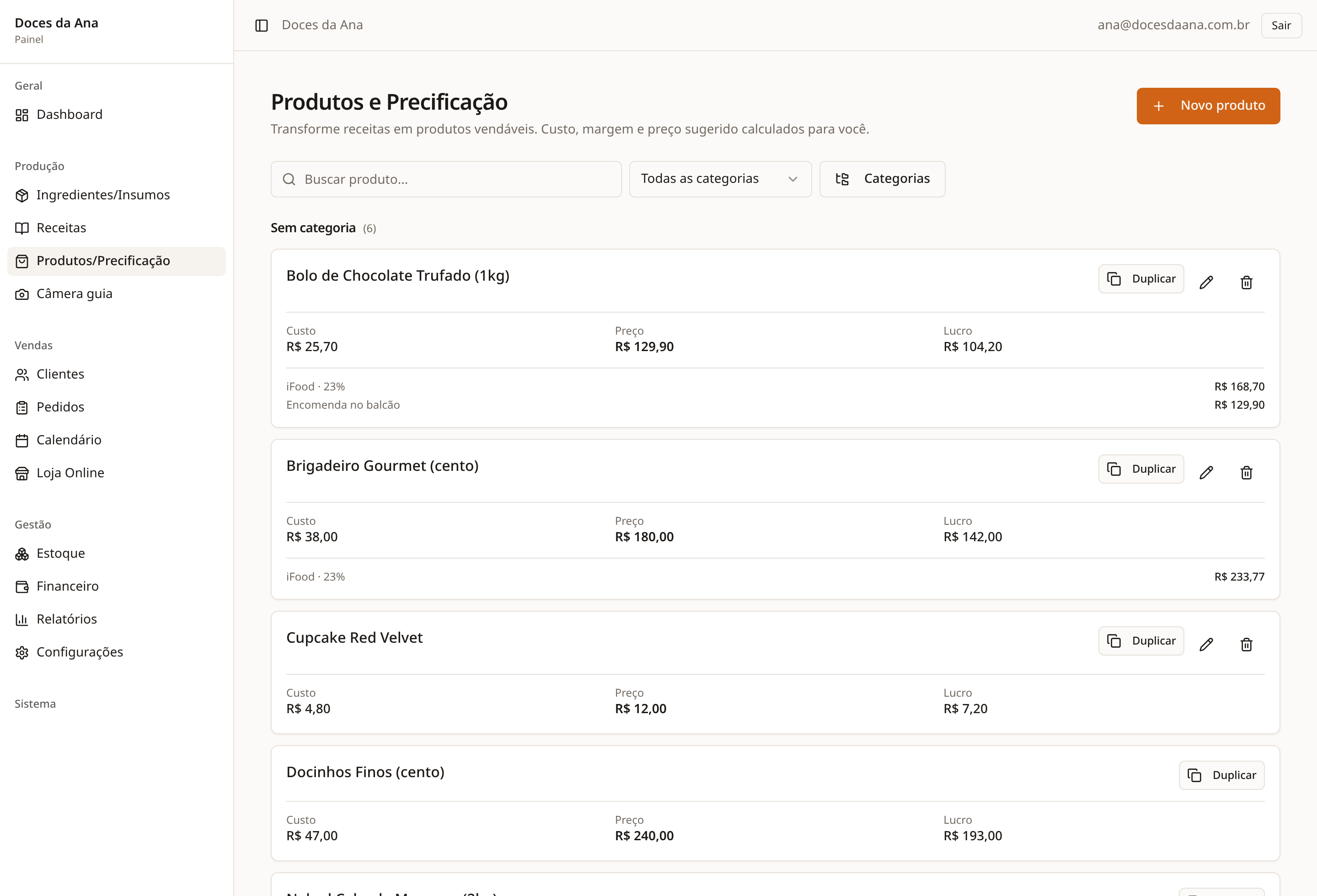 Tela de lucro e custos por produto no ConfeitariaApp